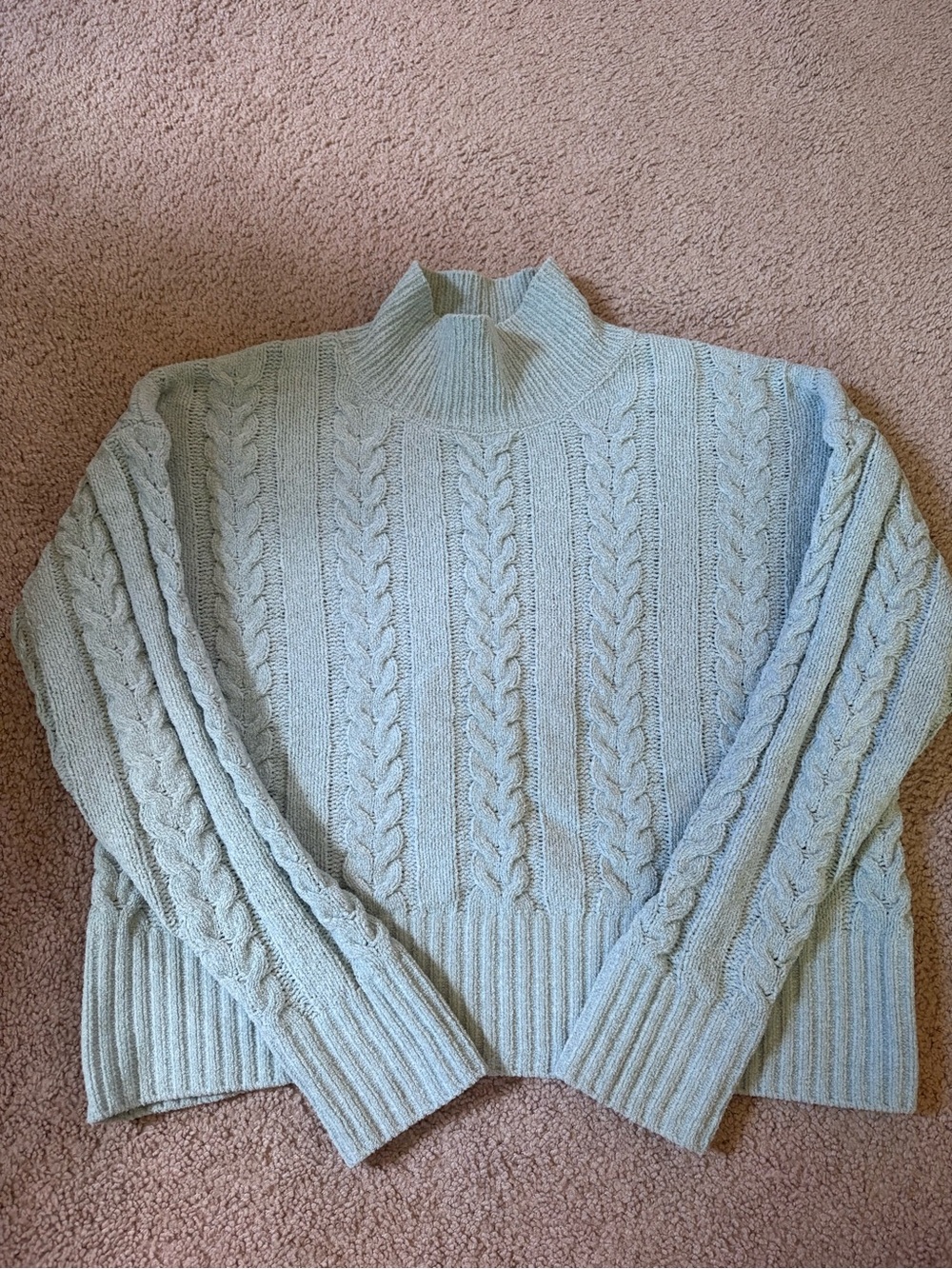 Pink Rose Light Sage Green Cable Knit Mock Neck Sweater